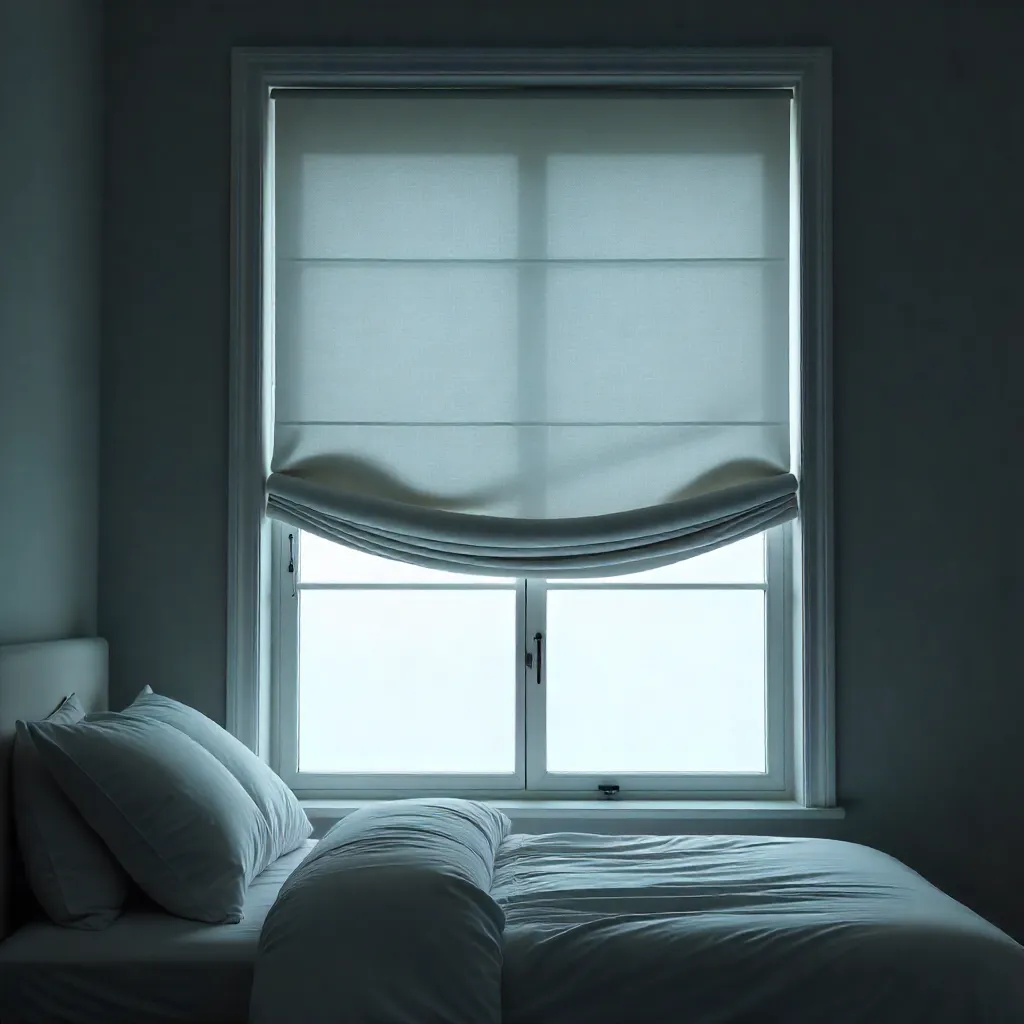 Bedroom with layered acoustic blinds